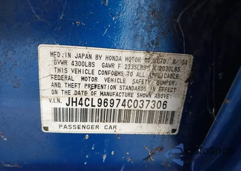 2004 Acura Tsx from USA, damaged, VIN JH4CL96974C037306